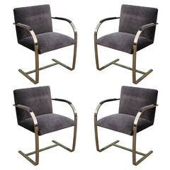 Fabulous Set of Four Brass and Grey Velvet Arm Chairs
