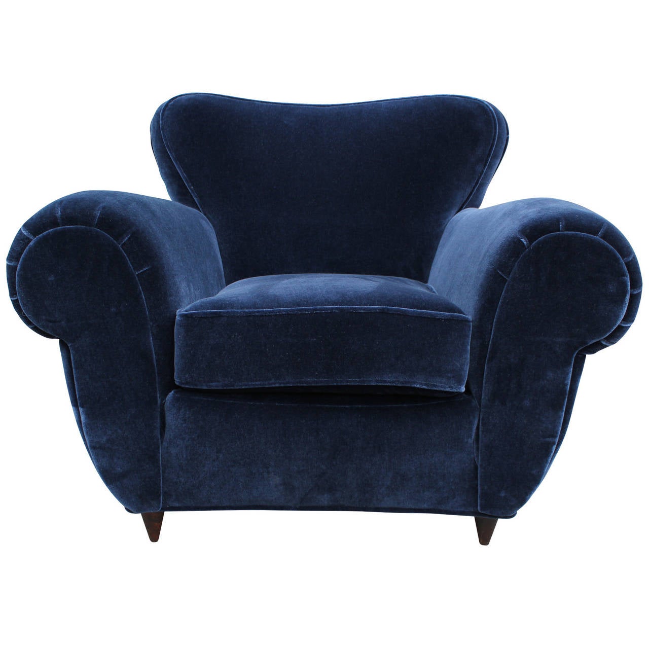 Large-scale pair of Italian lounge chairs attributed to Giulio Minoletti. Chairs are freshly upholstered in a luxe navy blue fine Dutch mohair velvet. Delicate burl wood legs underneath. Very comfortable stunning chairs.