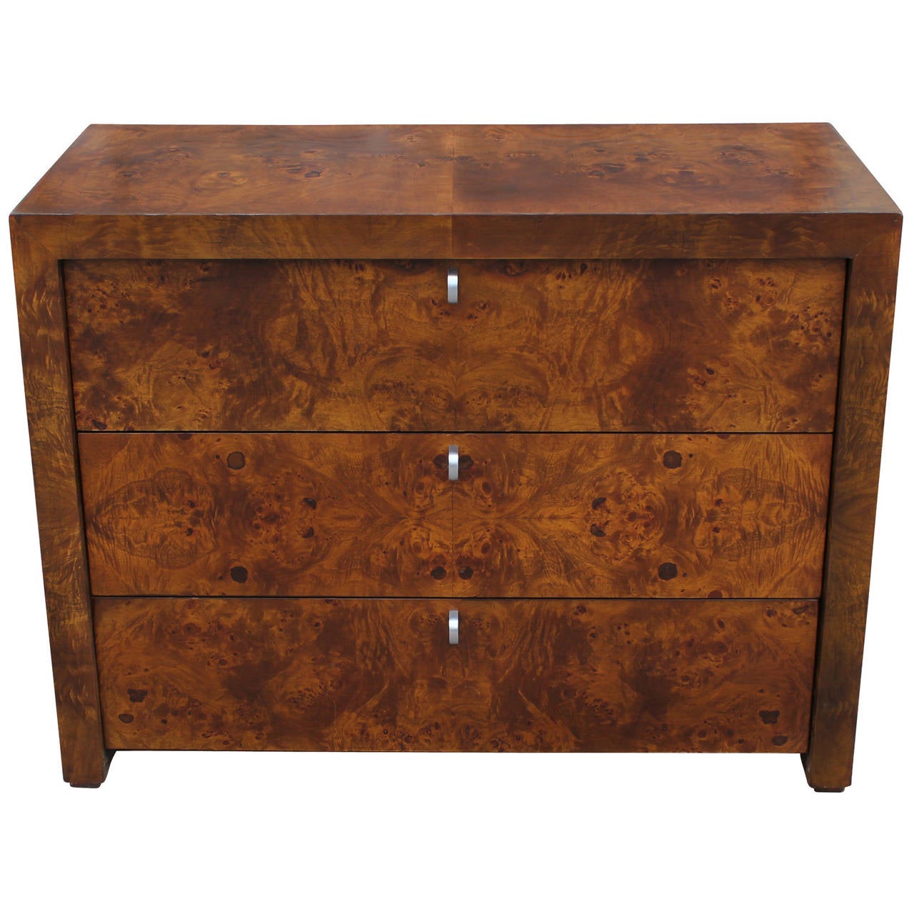 Beautiful three drawer chest with burl veneer. Chest has stunning grain and in nice restored condition. Small Version also available.