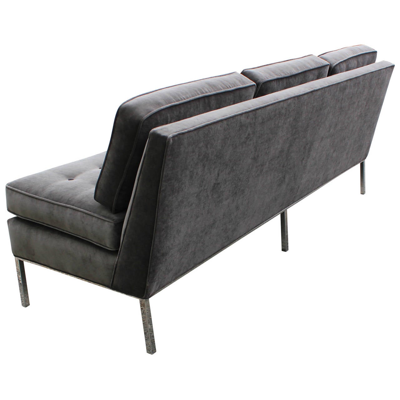 Mid-Century Modern Plush Armless Grey Velvet and Chrome Sofa
