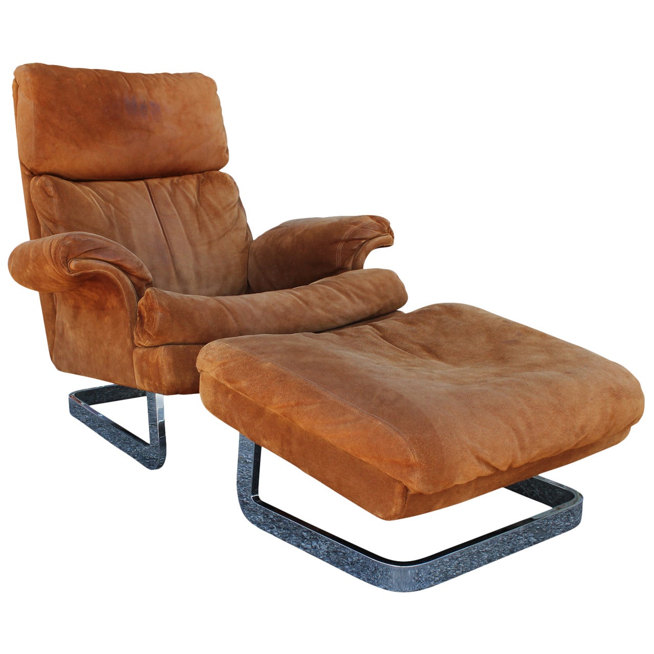 Suede and Heavy Chrome Lounge Chair and Ottoman Milo Baughman Style