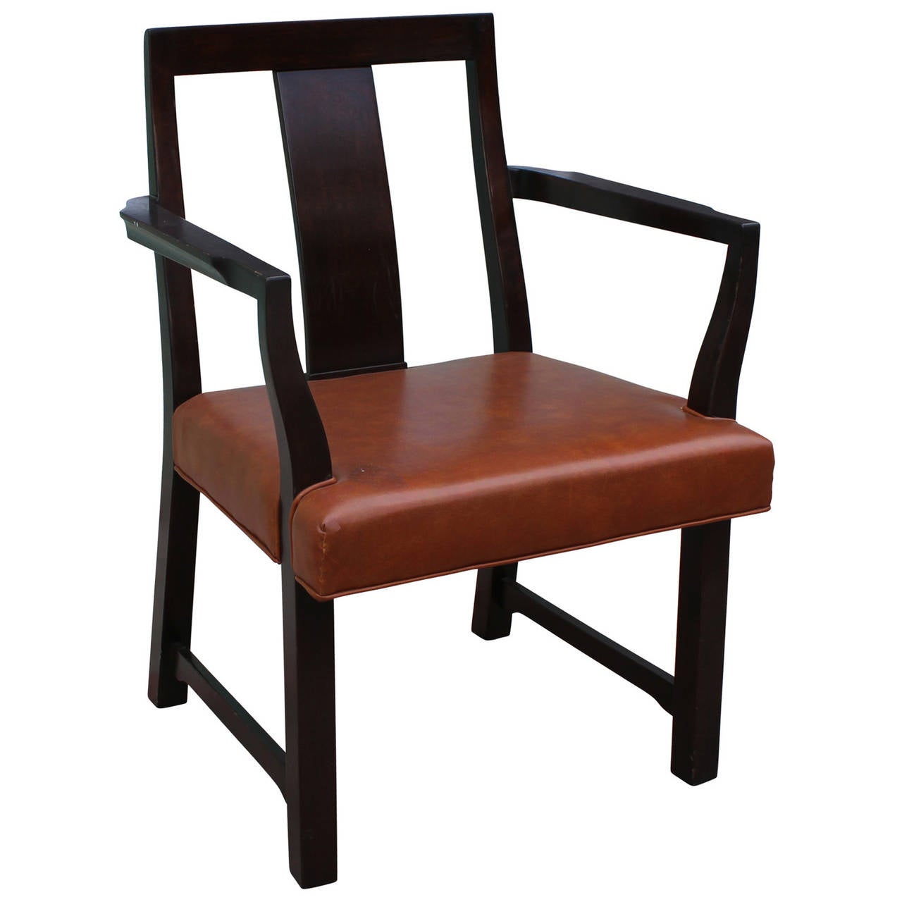 Pair of Edward Wormley for Dunbar dining chairs in dark mahogany with original leather upholstery. 