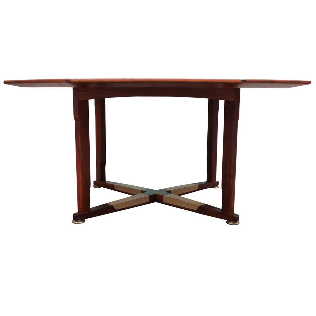 Octagon shaped game table designed by Edward Wormley for Dunbar. Mahogany top features a rosewood inlay. Base has leather detailing.