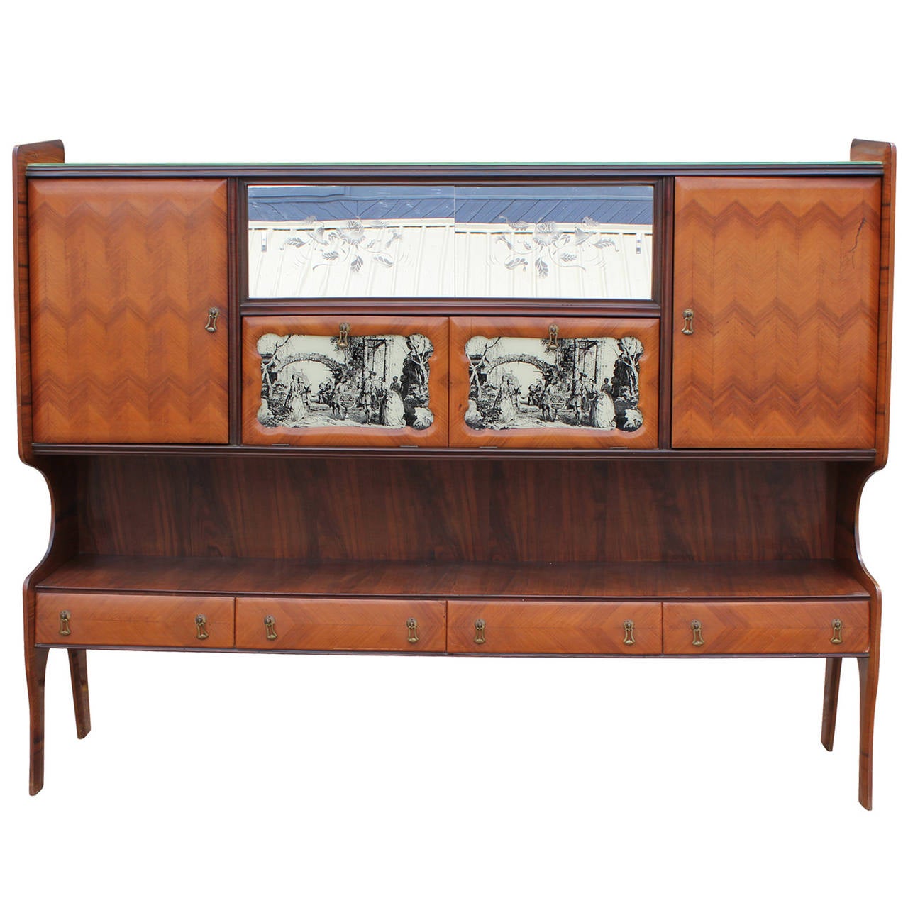 Incredible sculptural Italian dry bar. Bar is veneered in a chevron pattern on the front and a dramatic rosewood Veneer on the sides. Side pieces are very dimensional in appearance. Doors on right and left open to reveal a single glass shelf. Etched