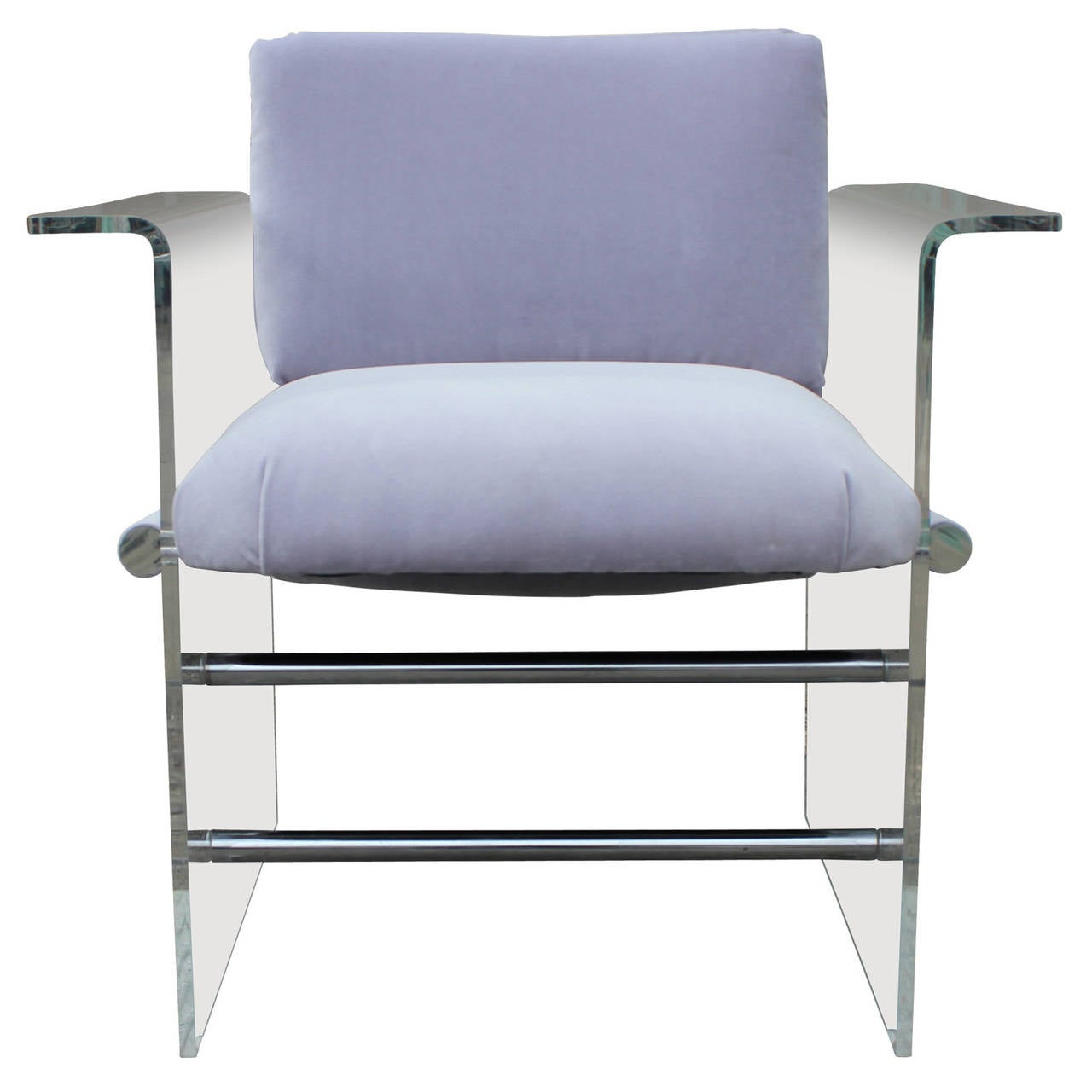 Wonderful pair of chairs with 1/2” thick Lucite shells with splayed arms. Chairs are freshly upholstered in a pale lavender velvet. Seats are detailed with Lucite rods. Chrome rods provide structural support. Lucite is in excellent vintage