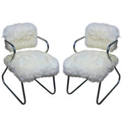 Pair of Sheepskin and Chrome Gilbert Rhode "Z" Chairs