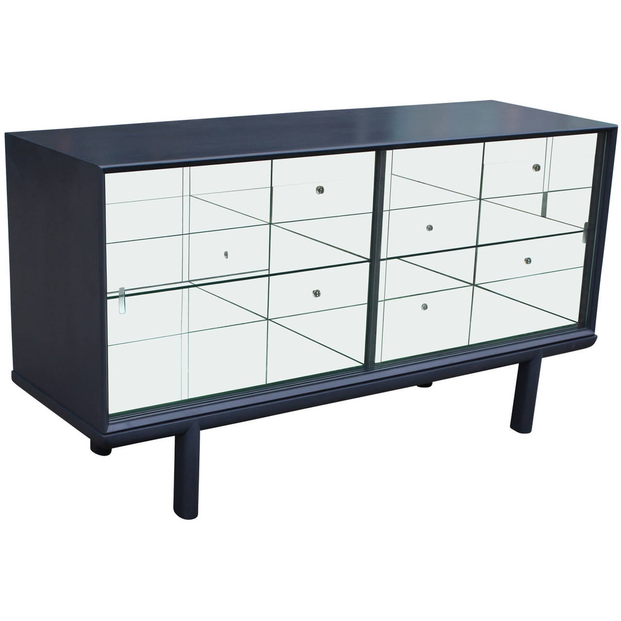 Beautiful grey cabinet or sideboard with glass sliding doors. The inside of the cabinet is lined with mirrors. The shell has been stained in a lovely French blue grey color. Could be used as a display, a server, sideboard, etc. Mirrors can be