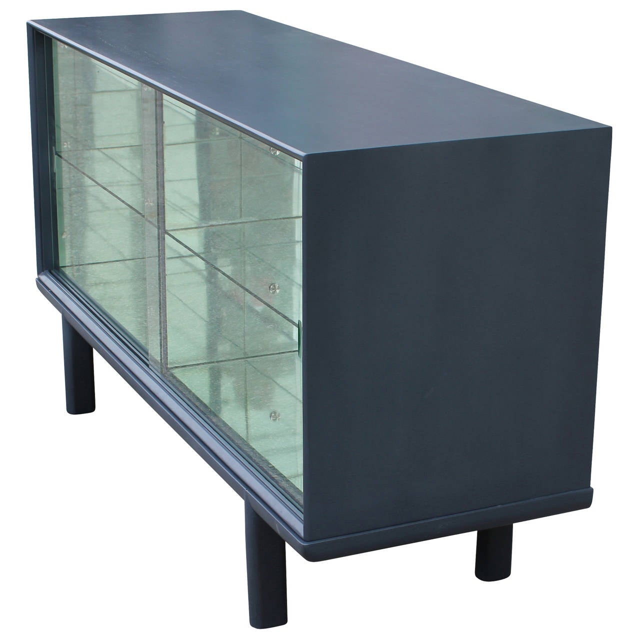 Mid-Century Modern Sleek Grey Mirrored Sideboard or Display Cabinet with Glass Sliding Doors