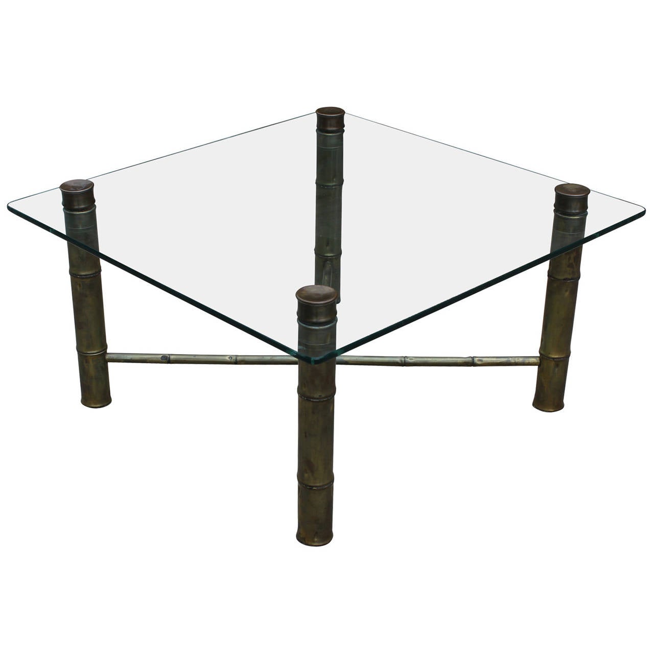 Great Bronze color faux bamboo glass top square table. In excellent vintage condition. In the style of Baker or Mastercraft.