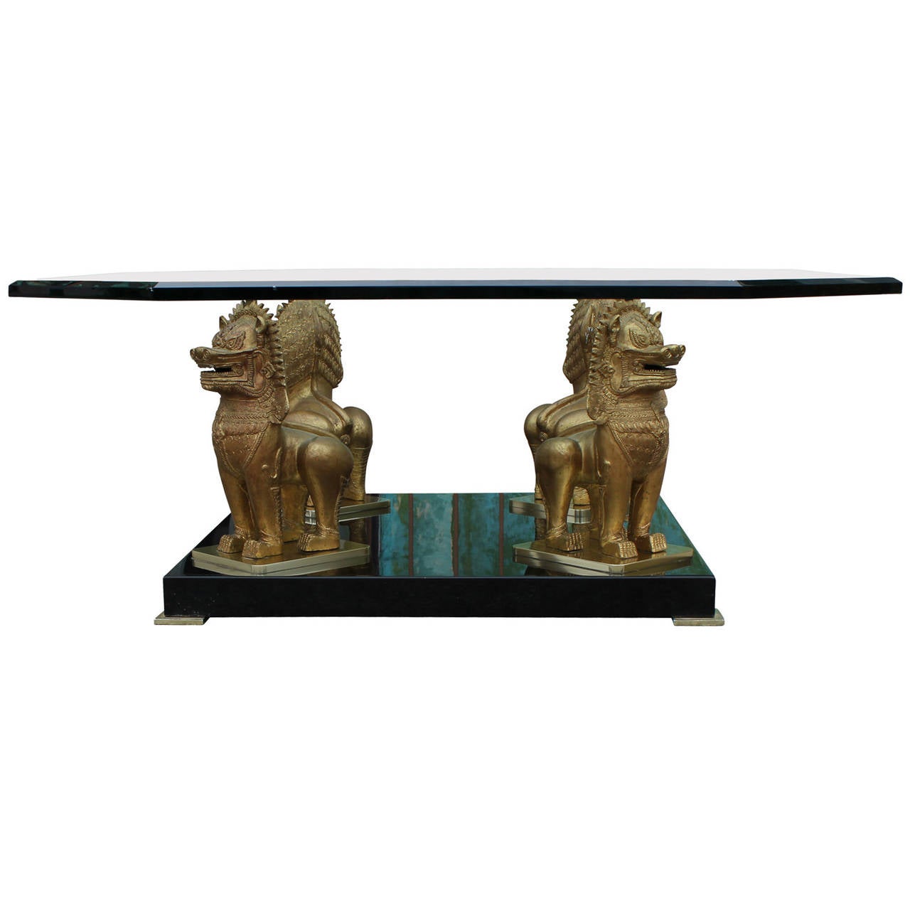 Extravagant Brass Foo Dog Coffee Table In Excellent Condition In Houston, TX