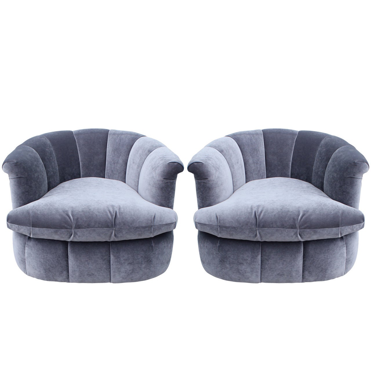 Plush Pair of Grey Velvet Swivel Chairs
