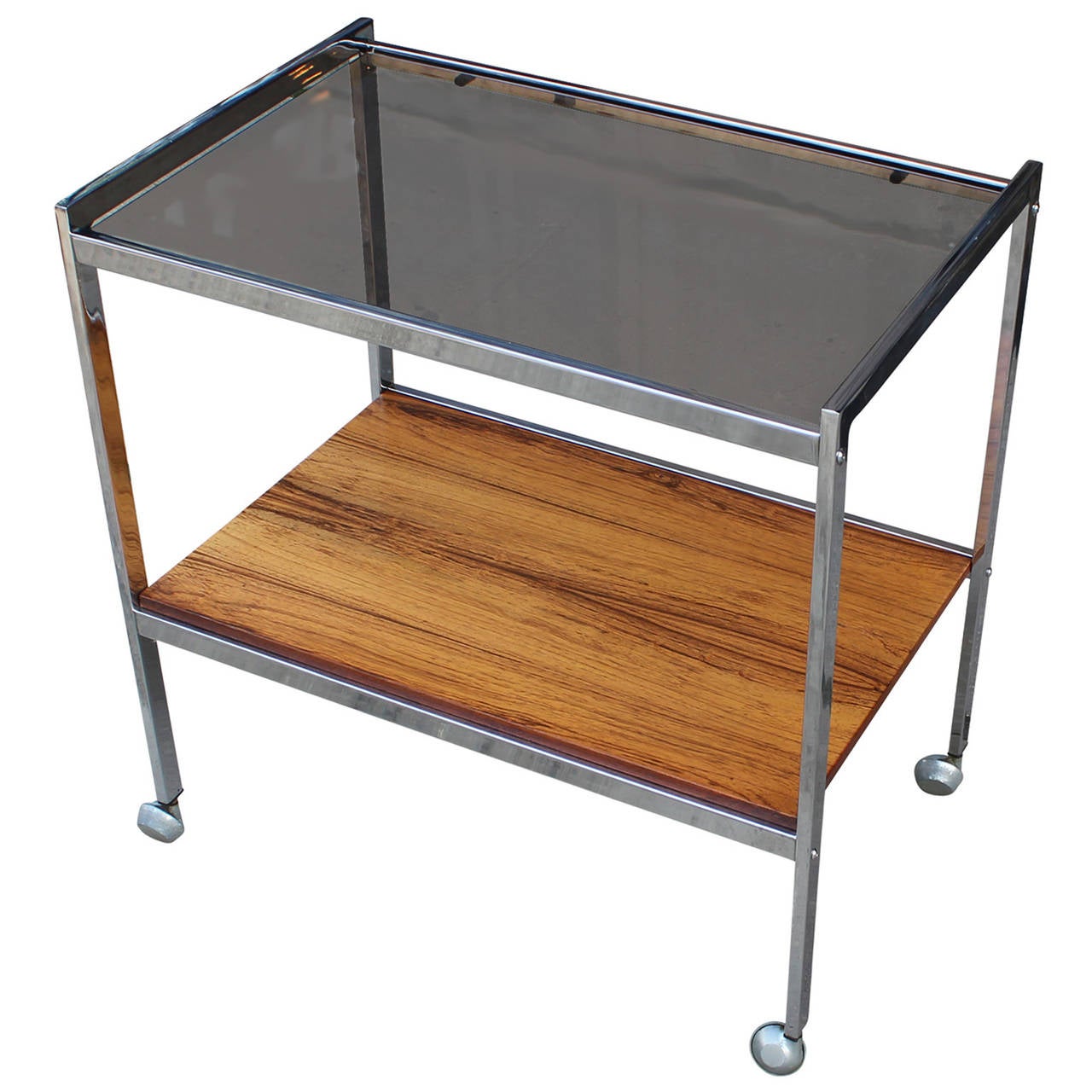 Mid-Century Modern Sleek Chrome and Rosewood Bar Cart