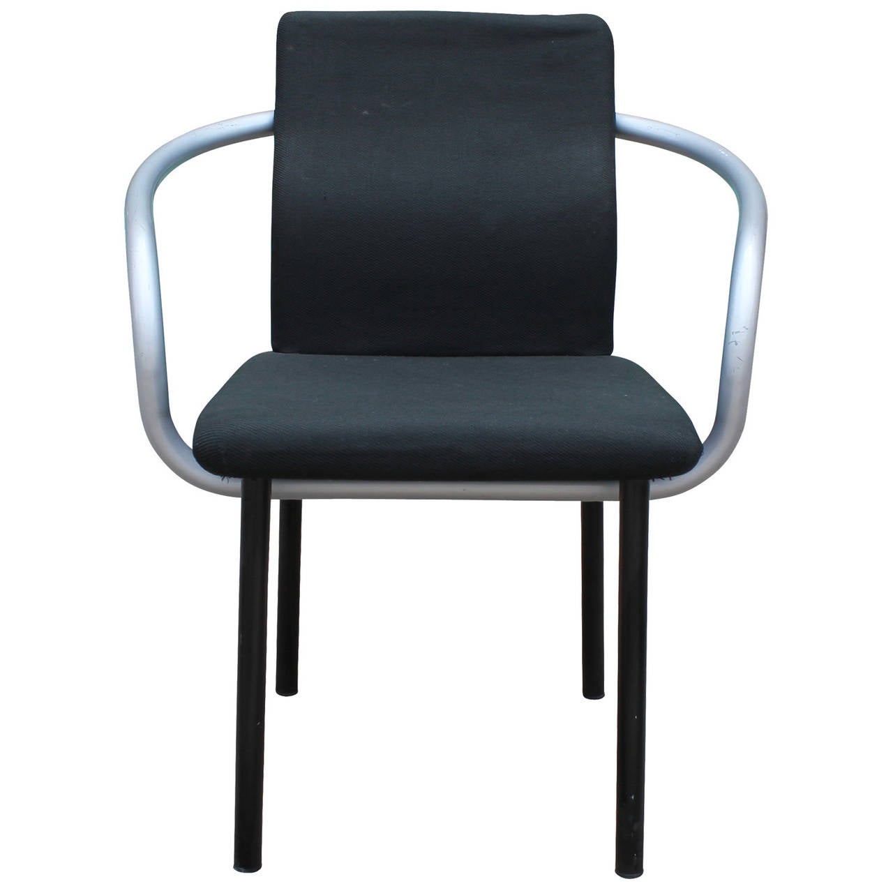 Set of 6 Memphis style Mandarin chairs by Ettore Sottsass. Chair retain original black fabric, but reupholstery is recommended. Black enameled steel frame with undulating steel arms finished in a shimmery silver enamel. Chairs do have some wear to