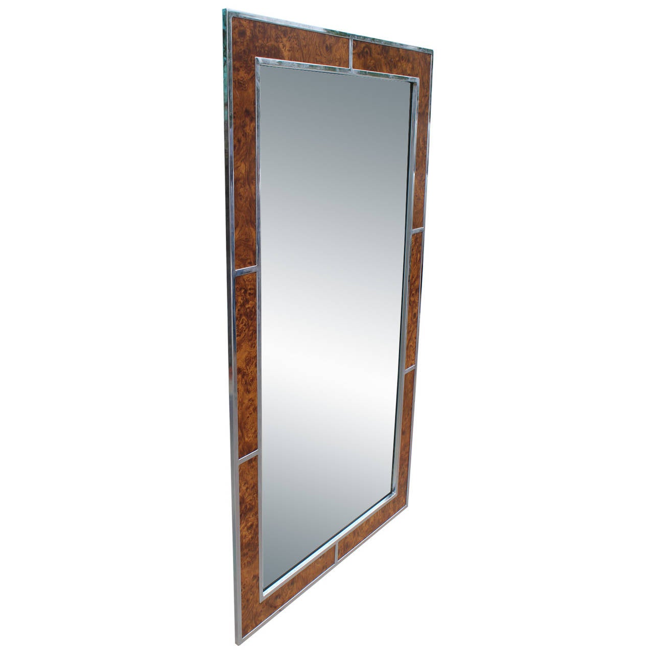 Beautiful MIlo Baughman style chrome and burl mirror. Mirror is in excellent vintage condition. Circa 1970.