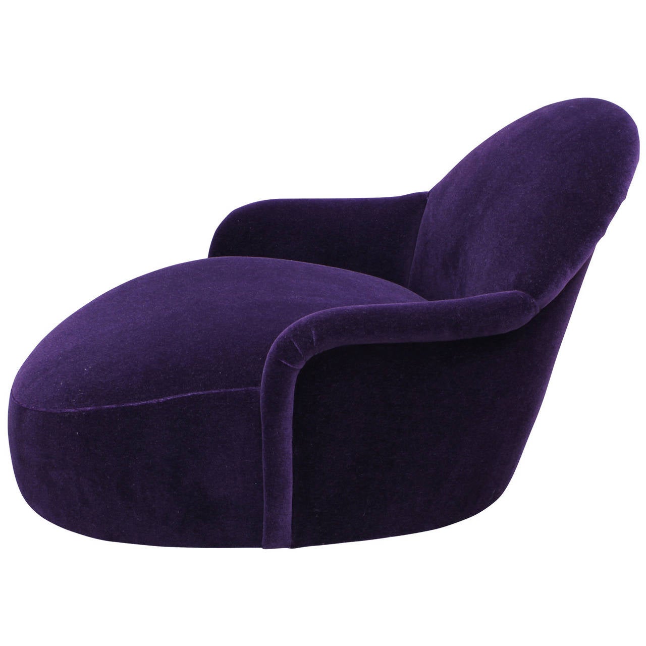 Beautiful and comfortable purple chaise lounge in the style of Milo Baughman for Thayer Coggin. The seat curves down ergonomically creating an incredibly comfortable piece. Chaise in freshly upholstered in a high piled, purple Danish Mohair velvet.