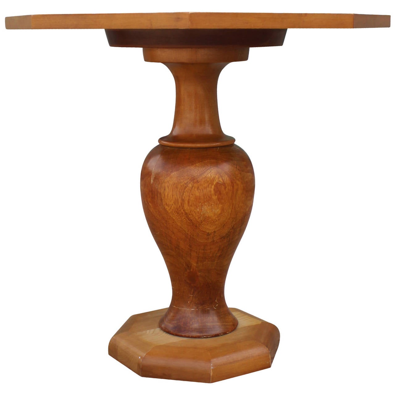 Lovely Octagonal shaped table on a turned wood base. Wood has a stunning grain. Perfect transitional piece.