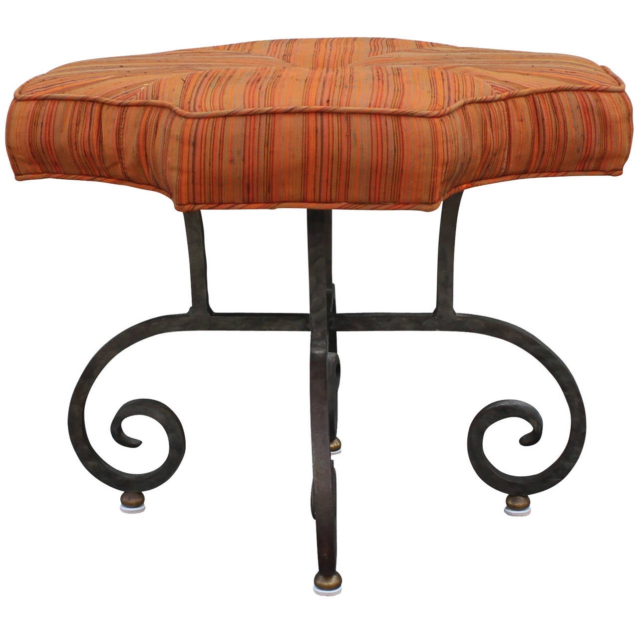 Charming wrought iron stool with a Greek cross shaped seat. Seat retains original upholstery, but new fabric is recommended. Would be great indoor or outdoor!