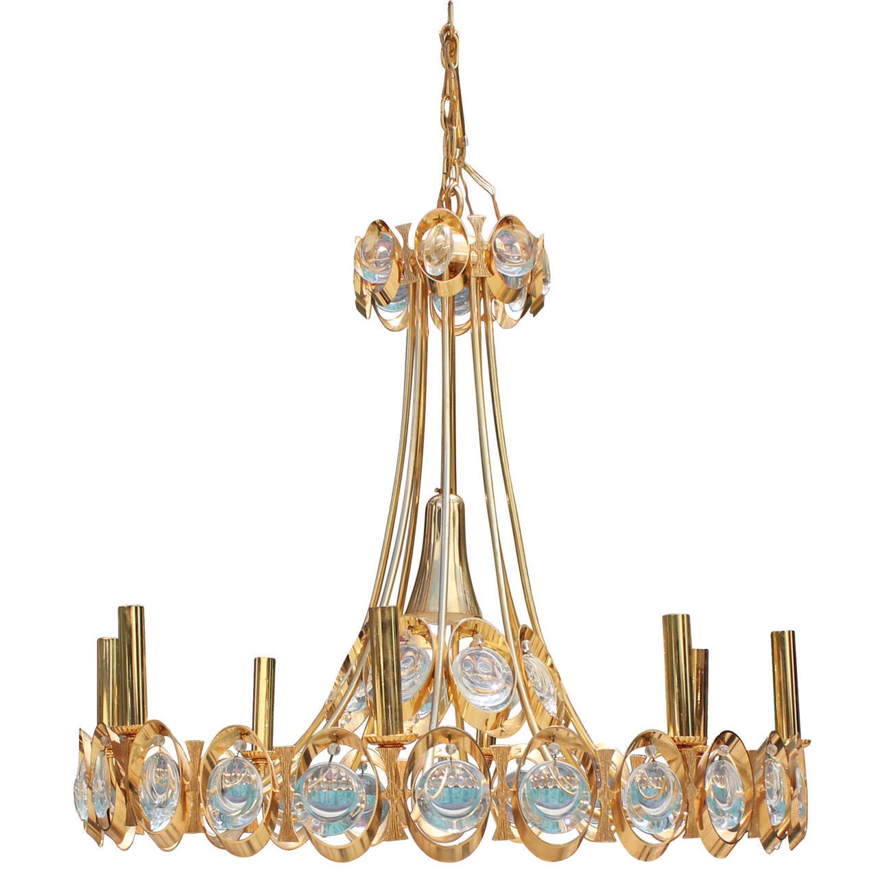 Beautiful Hollywood Regency Sciolari style chandelier by Palwa. Chandelier is plated in 24-carat gold on a brass frame. Round Gem like glass add an extra sparkle. Small Downlight in the middle adds a nice light.