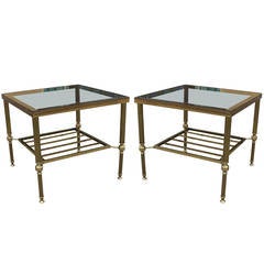 Fabulous Pair of Hollywood Regency Brass and Smoked Glass Side Tables 3