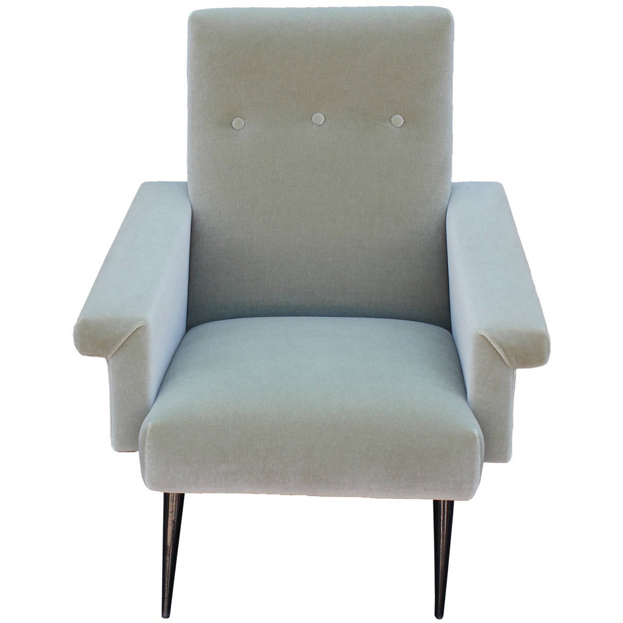 Beautiful pair of sculptural Italian lounge chairs in the style of Marco Zanuso or Gio Ponti. Chairs are freshly upholstered in a luxe pale blue-green mohair velvet.  Thin, tapered black lacquer legs add contrast.