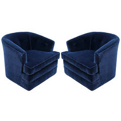 Grand Pair of Plush Blue Mohair Velvet Swivel Chairs