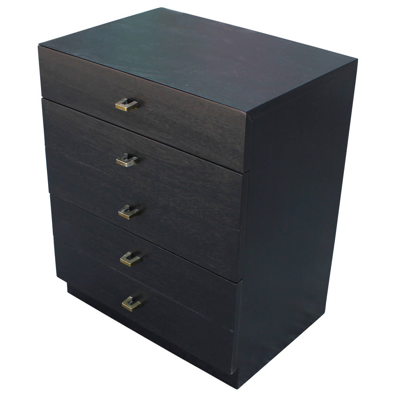 Great pair of nightstands by American of Martinsville. Nightstands are freshly refinished in an ebony stain. Geometric brass hardware adds visual interest. Five drawers provide excellent storage.