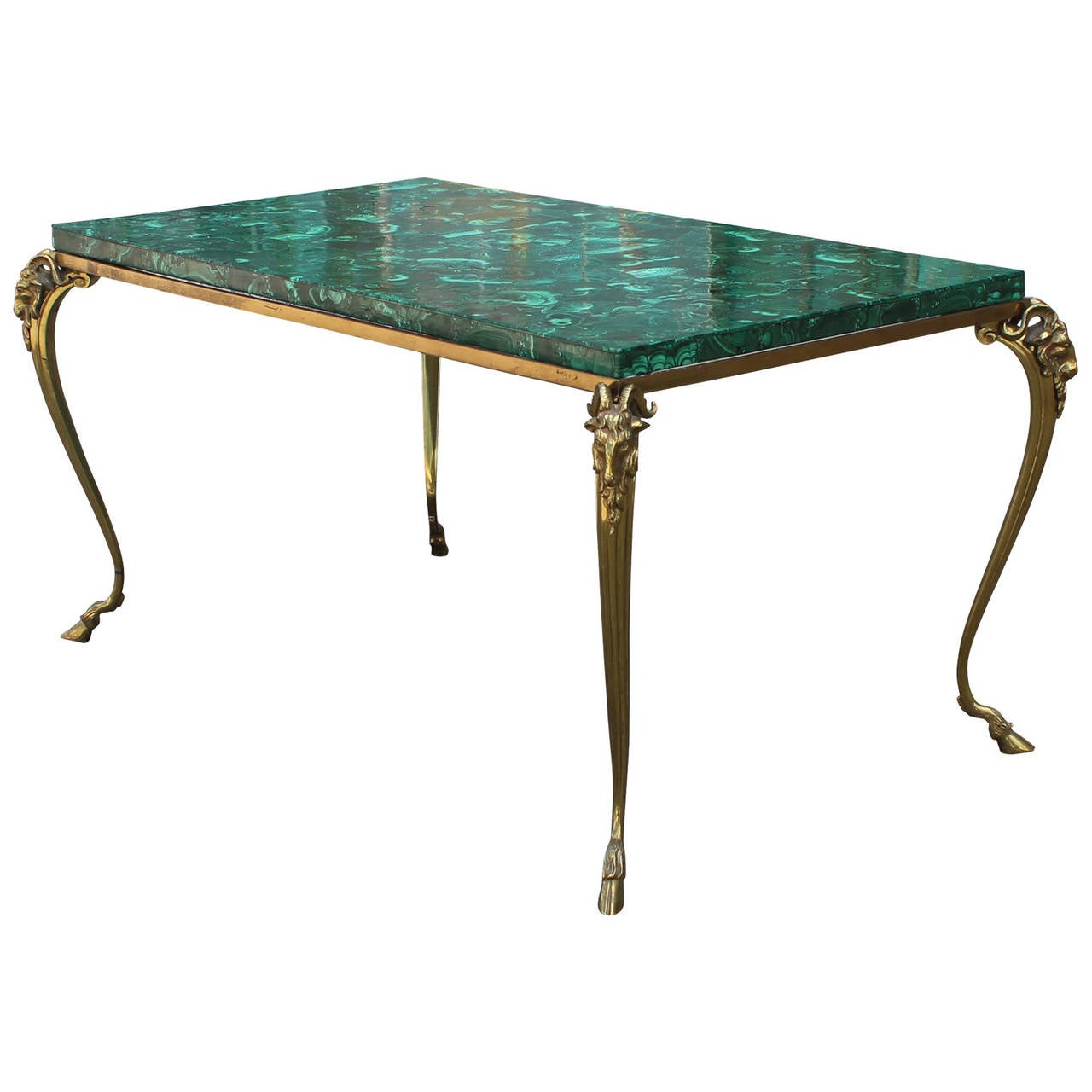 Hollywood Regency Exquisite French Malachite Brass Rams Head Table