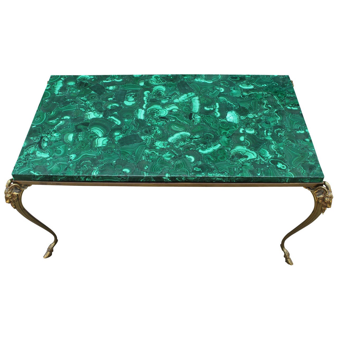 Exquisite French Malachite Brass Rams Head Table In Excellent Condition In Houston, TX