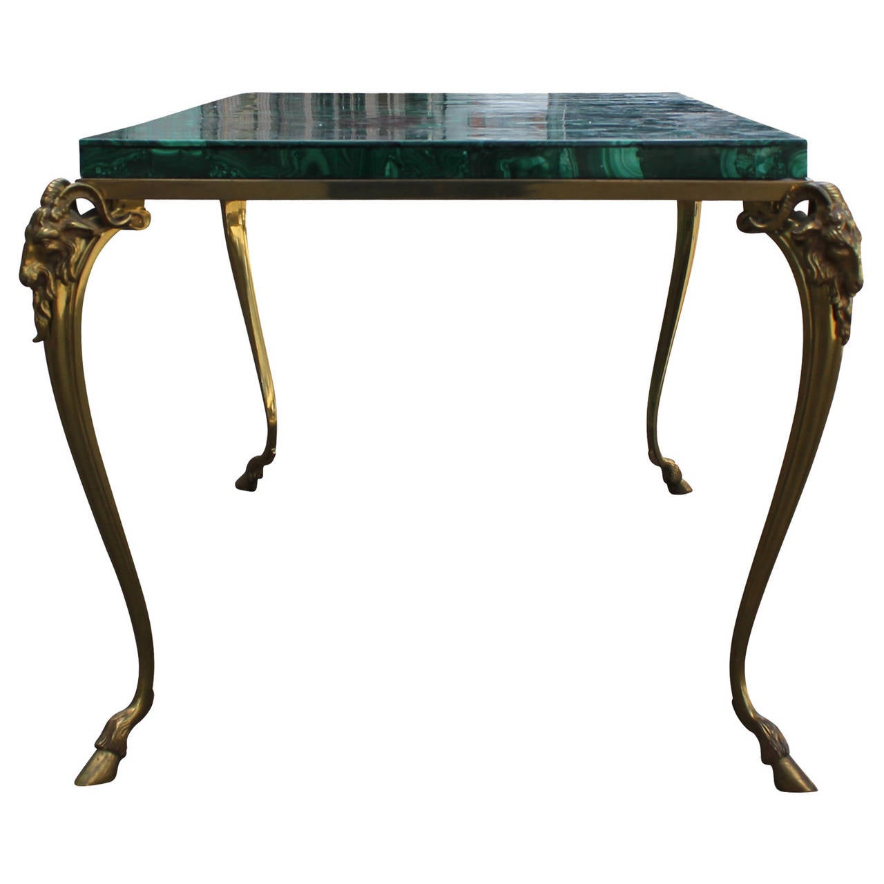 20th Century Exquisite French Malachite Brass Rams Head Table