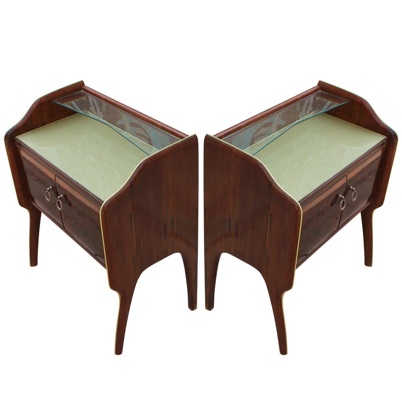 Stunning Pair of Italian Rosewood Nightstands with Gold Colored Glass