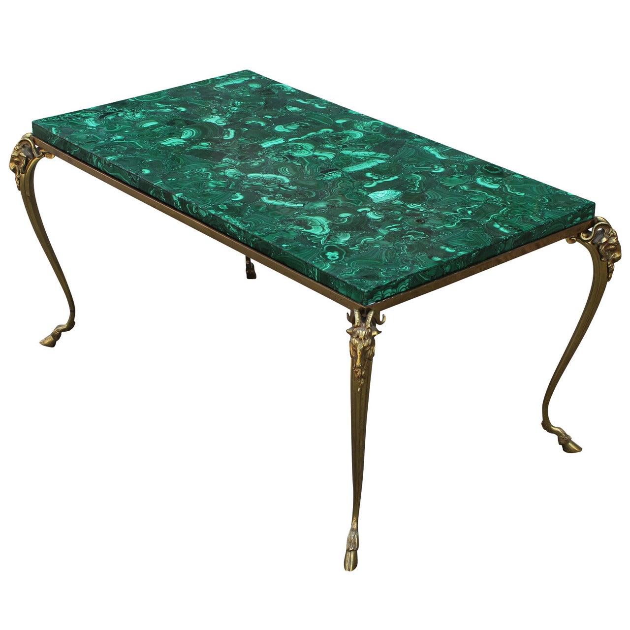 Exquisite French Malachite Brass Rams Head Table