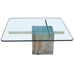 Chrome and Travertine Glass-Top Cantilevered Table