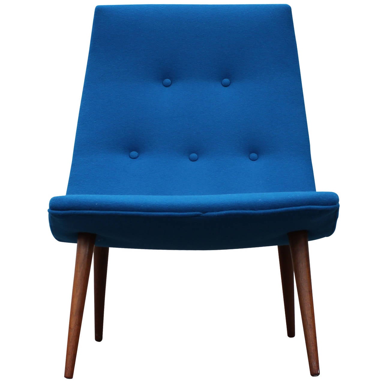 Bold blue scoop chair in the style of Milo Baughman. Restored in a bold divina wool. Chair possibly from Denmark.
