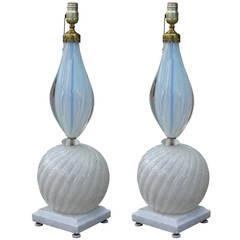 Superb Pair of White and Blue Murano Glass Lamps