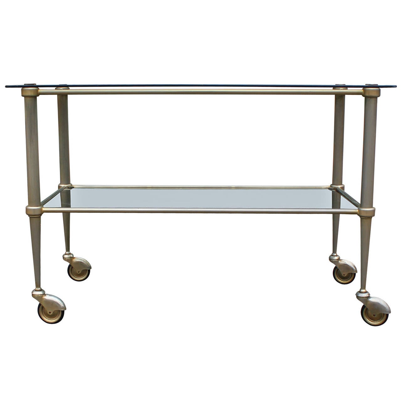 Hollywood Regency French Smoked Glass and Patinaed Brass Bar Cart In Excellent Condition In Houston, TX
