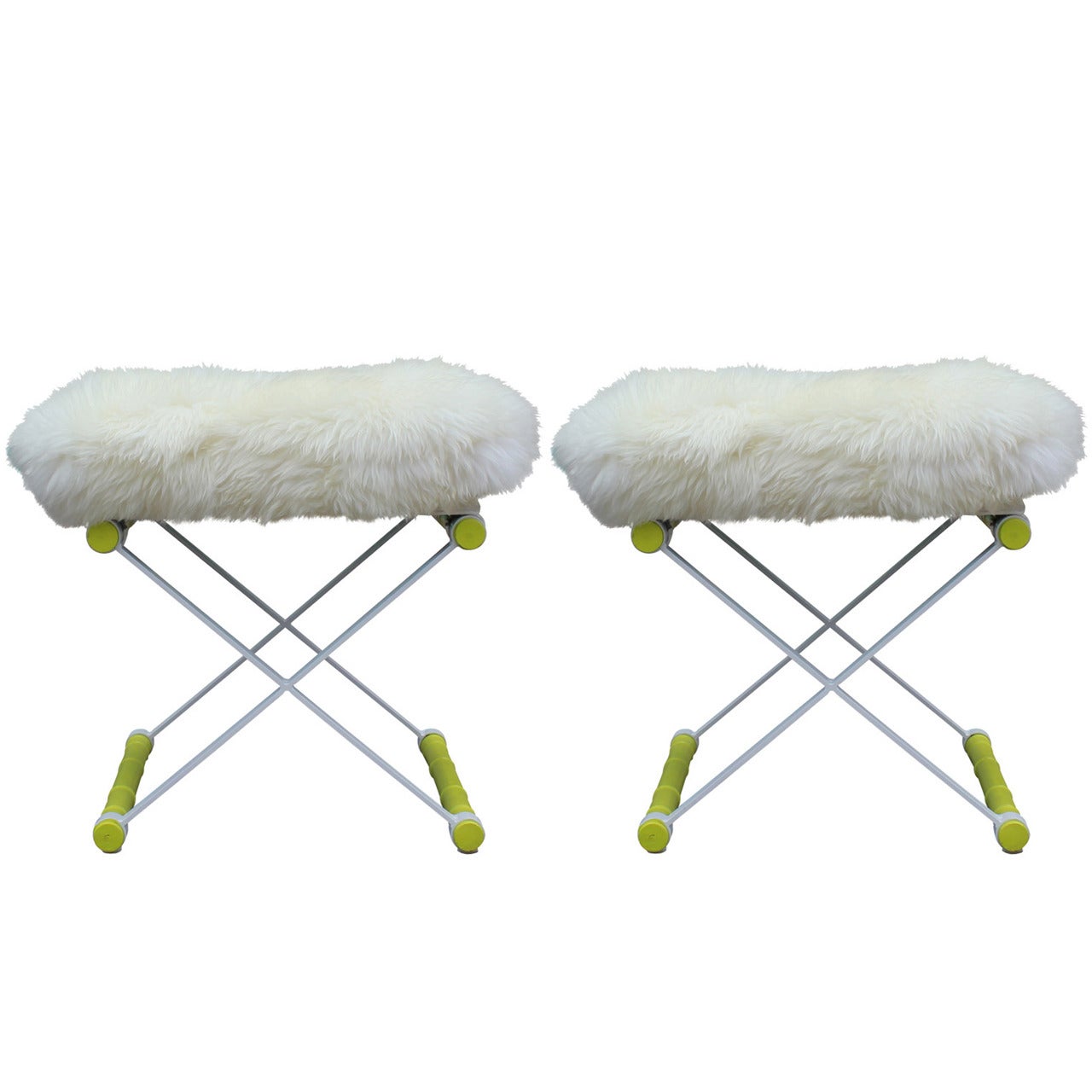 Pair of Faux Bamboo Lacquered "X" Stools in Sheepskin