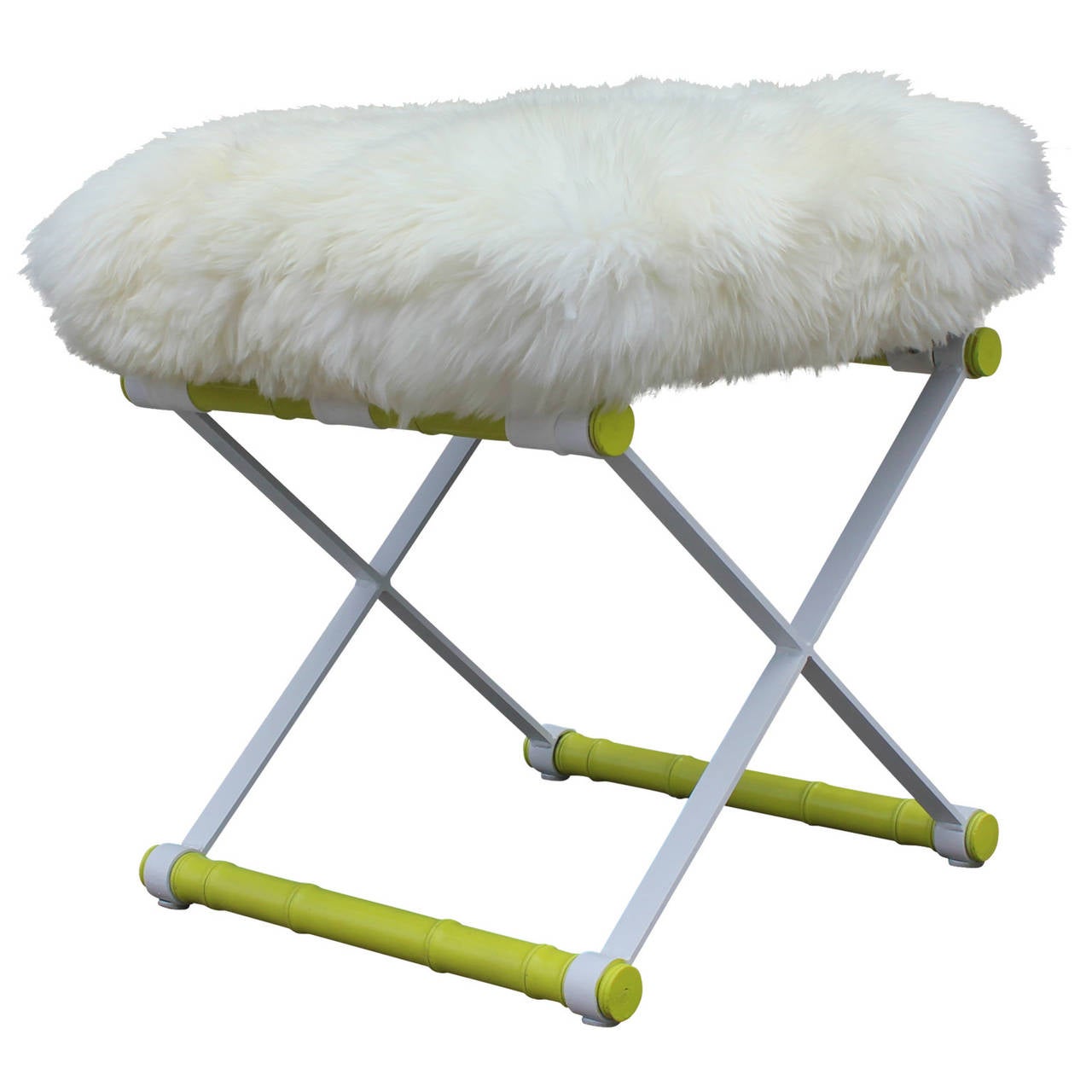 Pair of Faux Bamboo Lacquered "X" Stools in Sheepskin