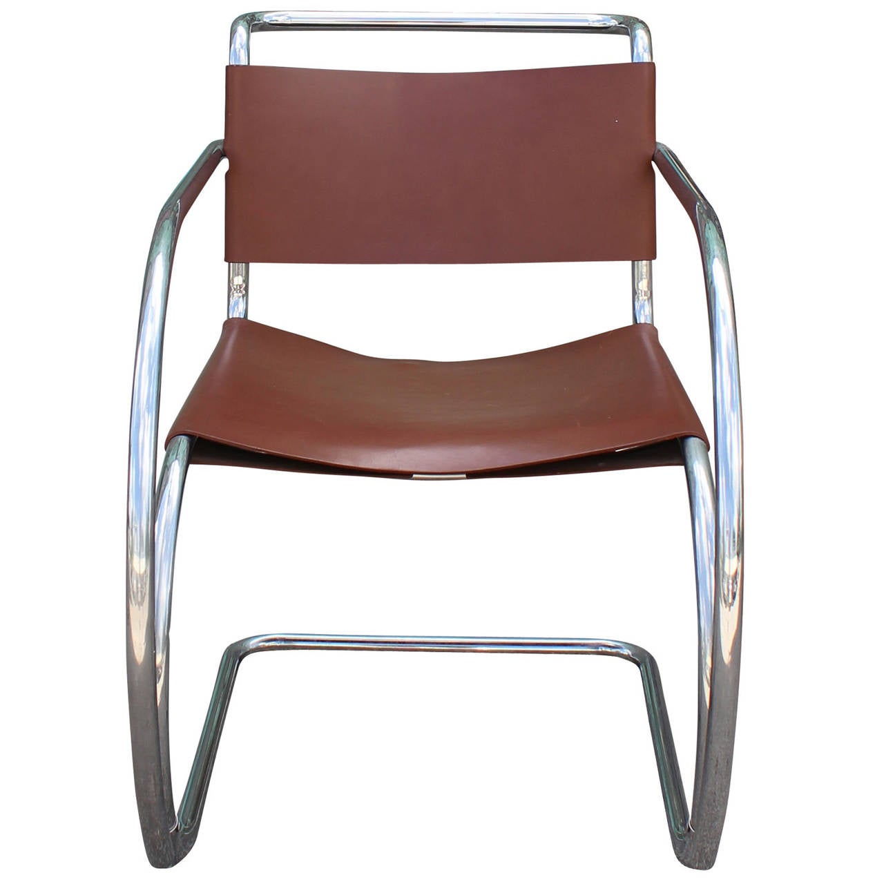 Beautiful MR 20 chair designed by Ludwig Mies van der Rohe in 1927. This production is from the 1970s and is in excellent vintage condition. Caramel colored leather is beautiful and clean.