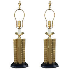 Brilliant Pair of Gold and Black Hollywood Regency Table Lamps