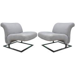 Elegant Chrome and Grey Suede Cantilevered Lounge Chairs Saporiti Style 8