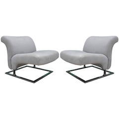 Elegant Chrome and Grey Suede Cantilevered Lounge Chairs Saporiti Style