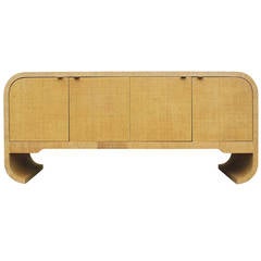 Karl Springer Style Grasscloth Sideboard with Scrolled Legs