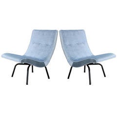 Striking Luxe Pair of Scoop Light Blue Velvet Lounge Chairs