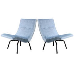 Striking Luxe Pair of Scoop Light Blue Velvet Lounge Chairs