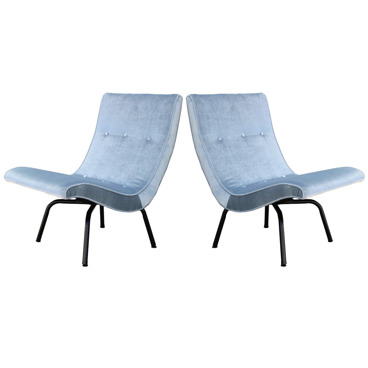 Striking Luxe Pair of Scoop Light Blue Velvet Lounge Chairs