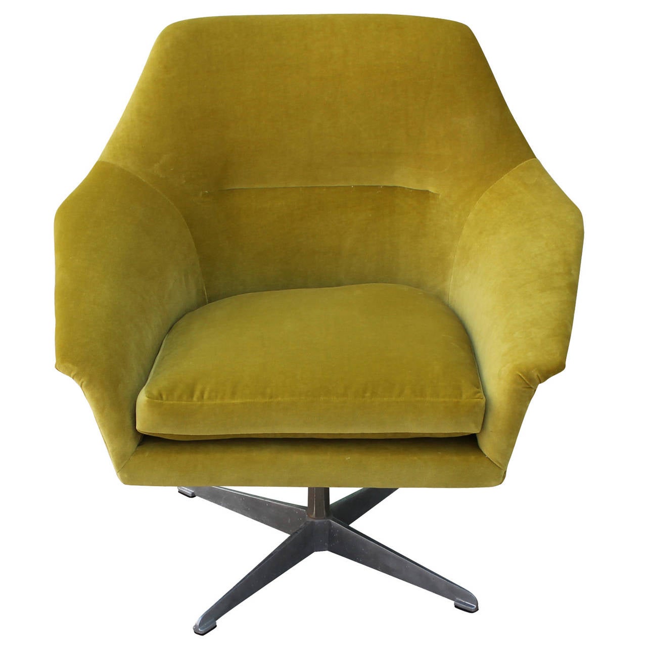 Great pair of swedish swivel lounge chairs. Chairs are freshly upholstered in a luxe chartreuse or acid green velvet. Unique sculptural chairs sure to make a statement.