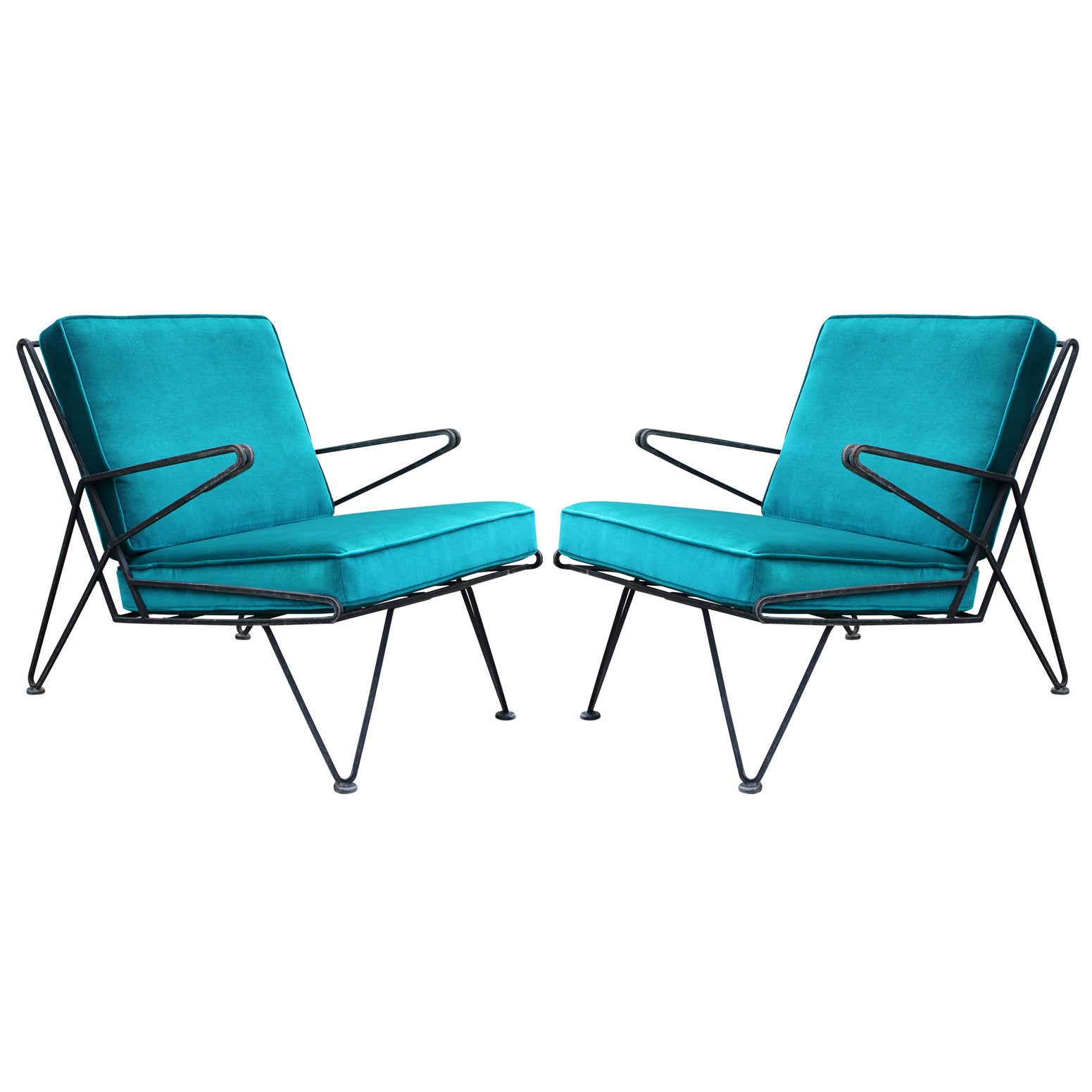 Phenomenal Pair of Teal Velvet Italian Style Mid-Century Modern Lounge Chairs