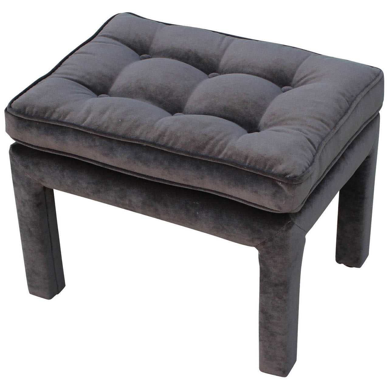 Milo Baughman style tufted parsons ottoman restored in a grey velvet fabric.