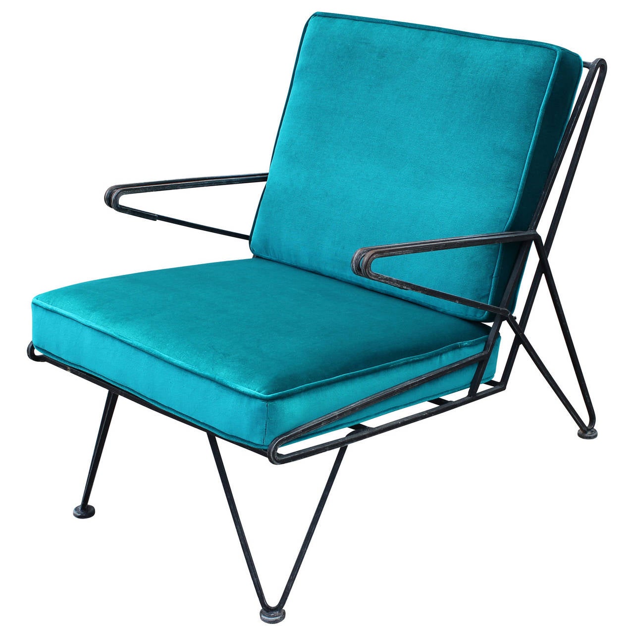 Phenomenal Pair of Teal Velvet Italian Style Mid-Century Modern Lounge Chairs In Excellent Condition In Houston, TX