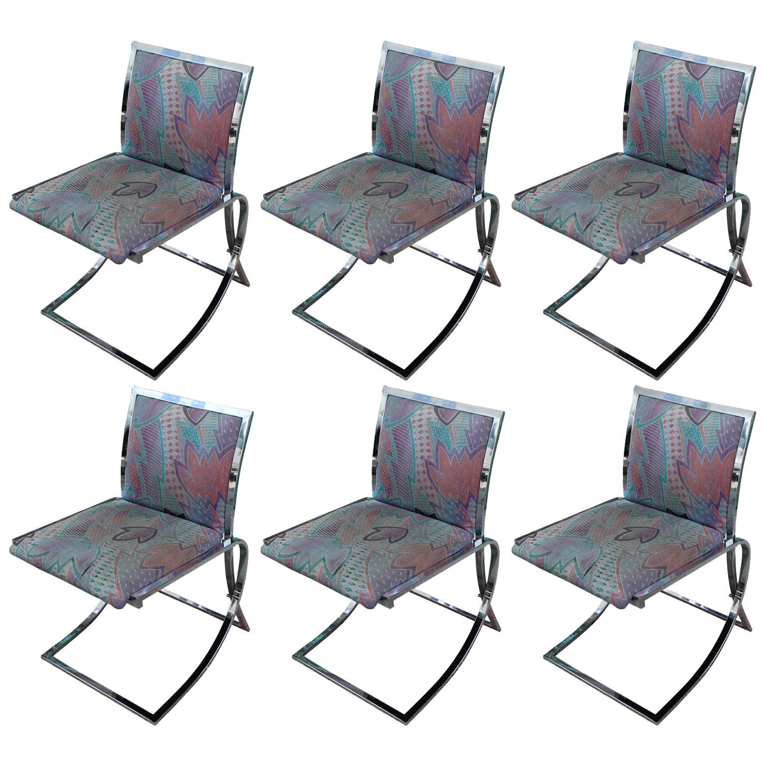 Incredible Set of Six Mid Century Modern Cantilevered Chrome Dining Table Chairs